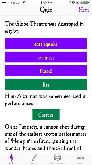 Top part of ShakesQuiz question, hint and answer about the destruction of the Globe Theatre in 1613. Top part of ShakesQuiz question, hint and answer about the destruction of the Globe Theatre in 1613.