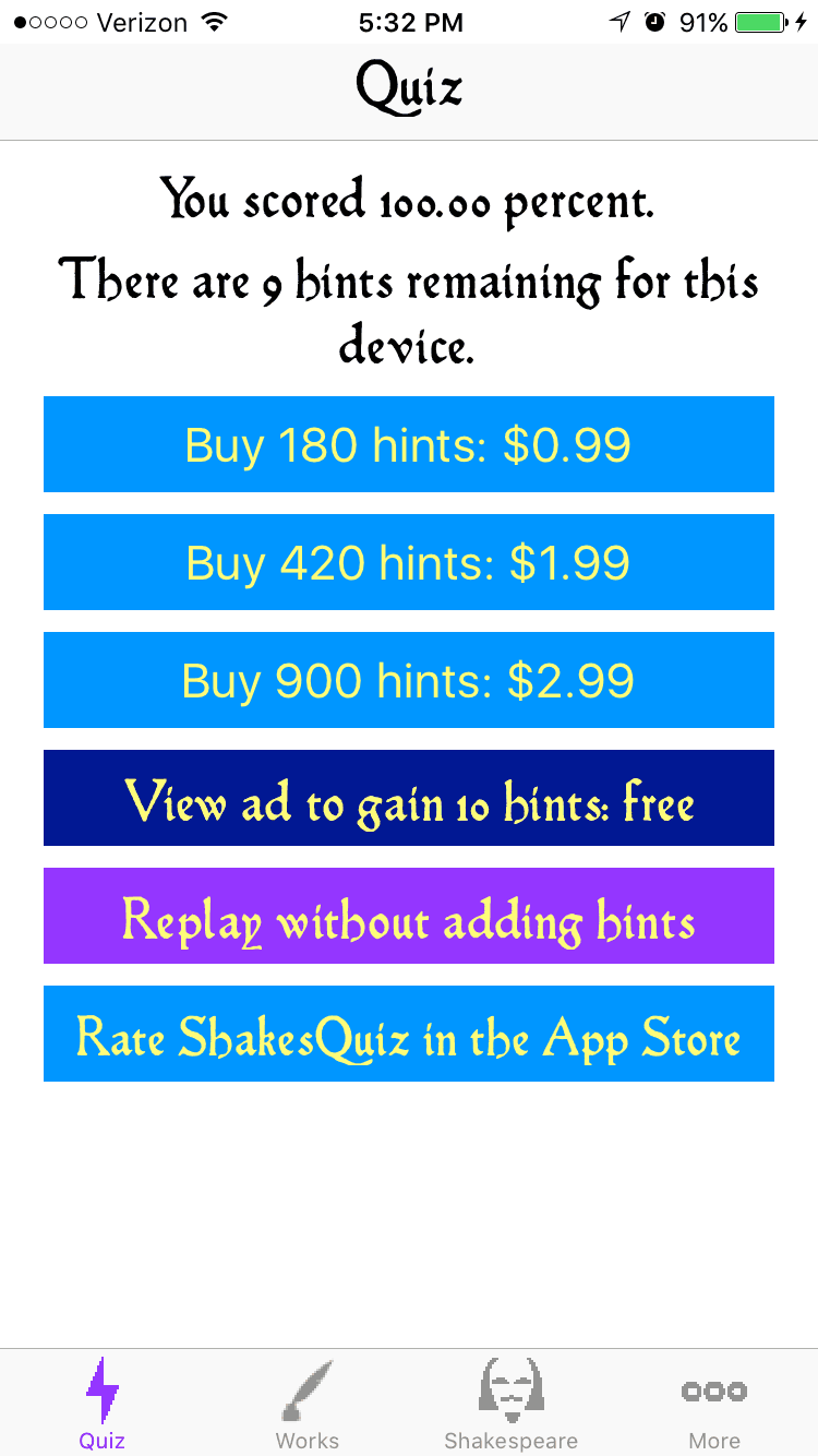 End of quiz screenshot